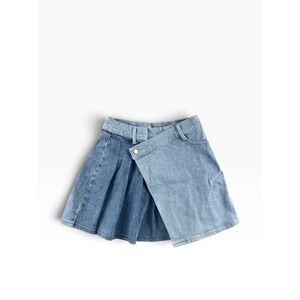 Tractr Girls Blue Denim Asymmetrical Pleated Skirt Two Tone Wash Size 14 Y2K